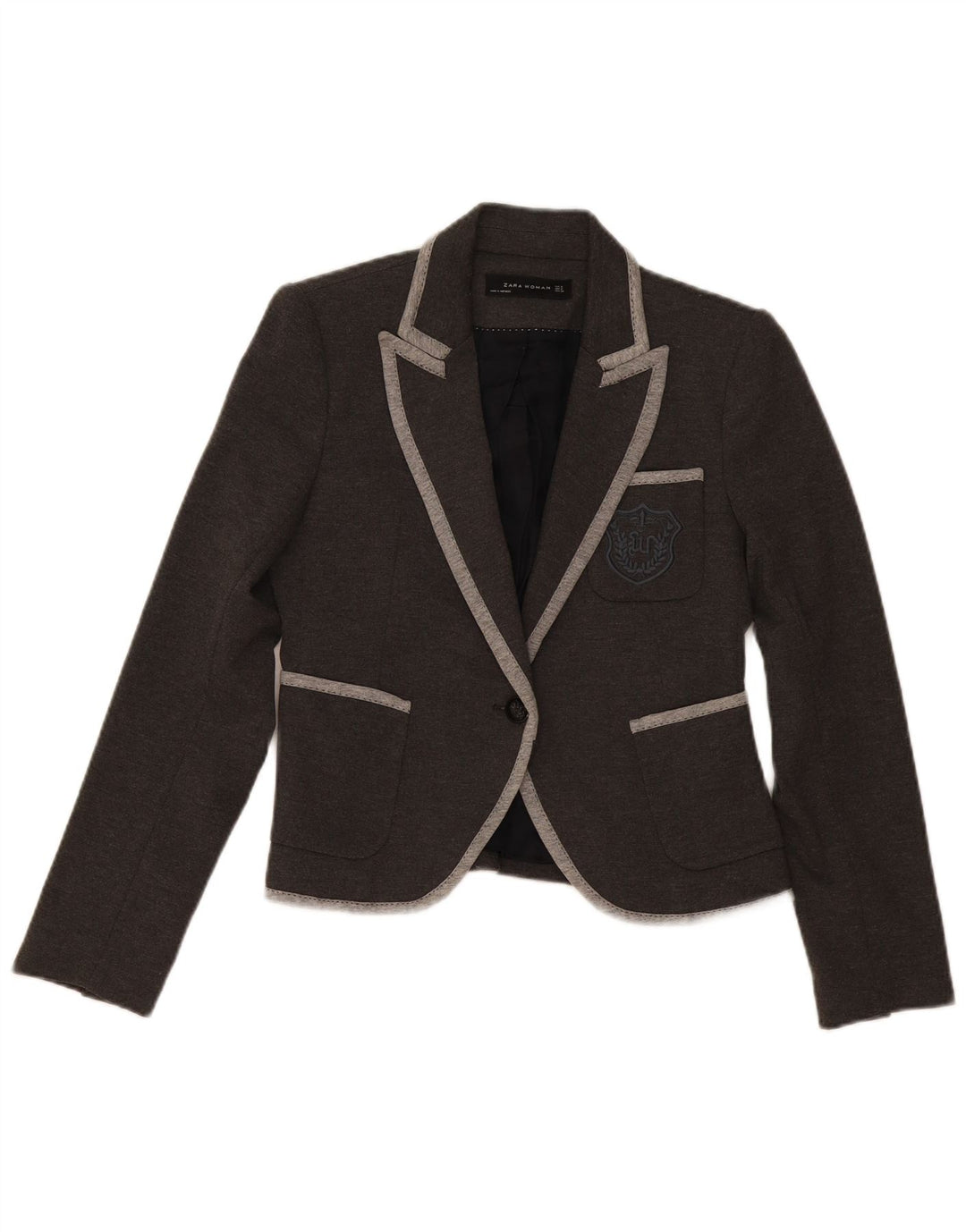 Zara Mujer Crop 1 Botón Blazer Chaqueta UK 10 Small Gris Poliéster