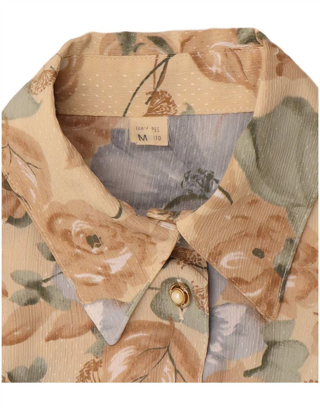 VINTAGE Blusa camisa de mujer Reino Unido 14 Poliéster floral marrón medio