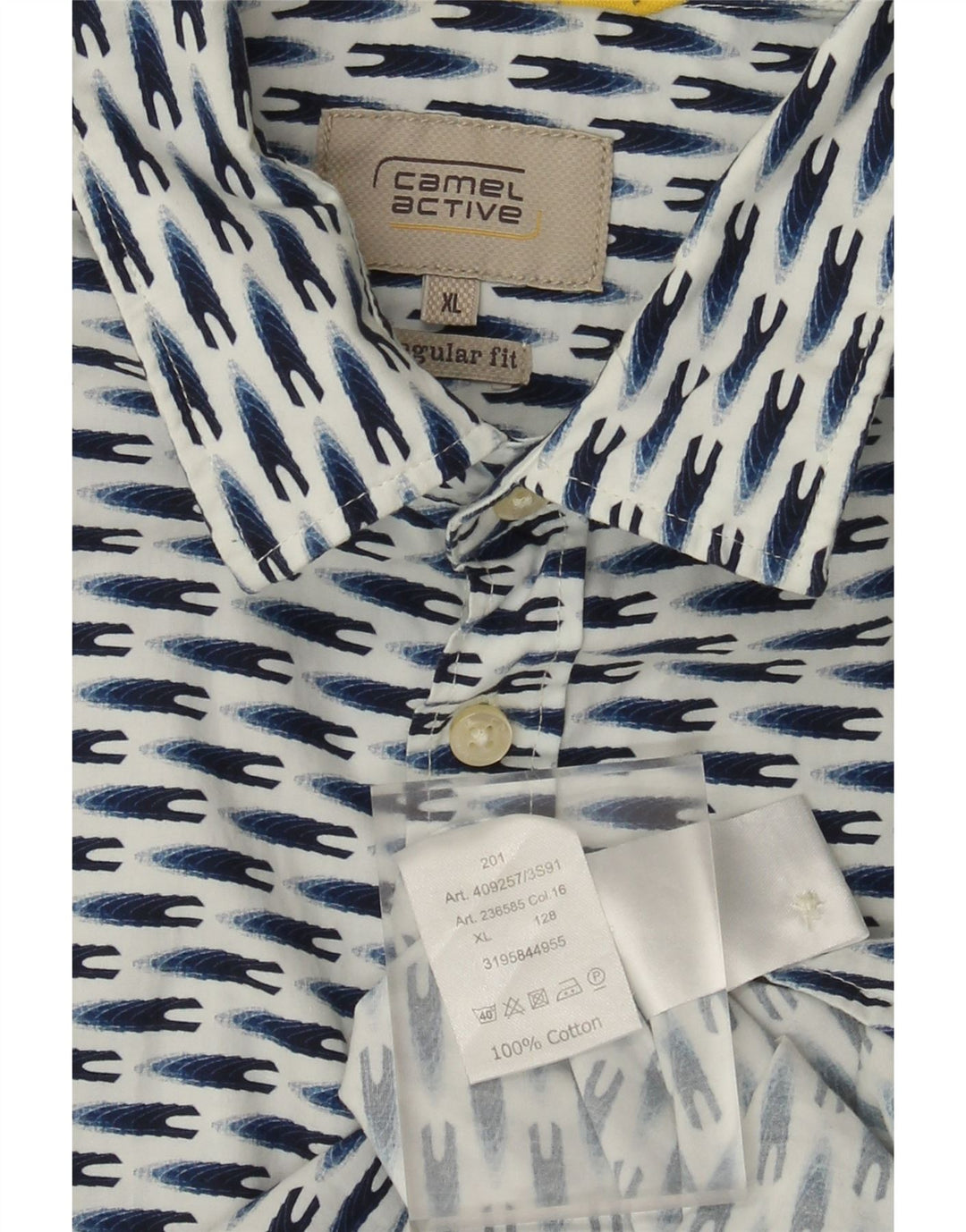 Camel Active - Camisa de manga corta para hombre, corte regular, algodón geométrico azul XL
