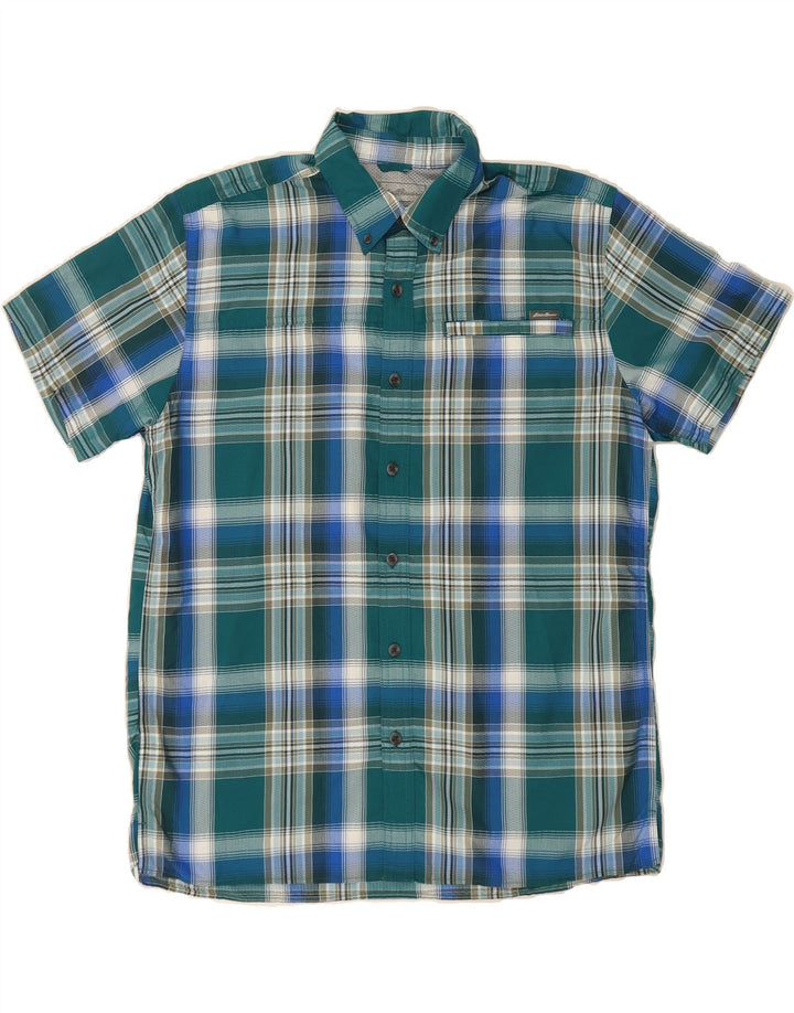 EDDIE BAUER Mens Short Sleeve Shirt Large Green Check Nylon Vintage Eddie Bauer and Second-Hand Eddie Bauer from Messina Hembry 