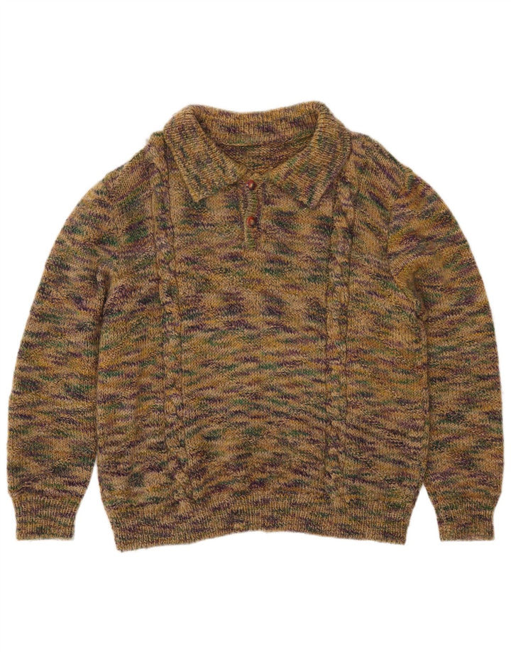 Vintage hombres polo cuello jersey suéter medio verde moteado