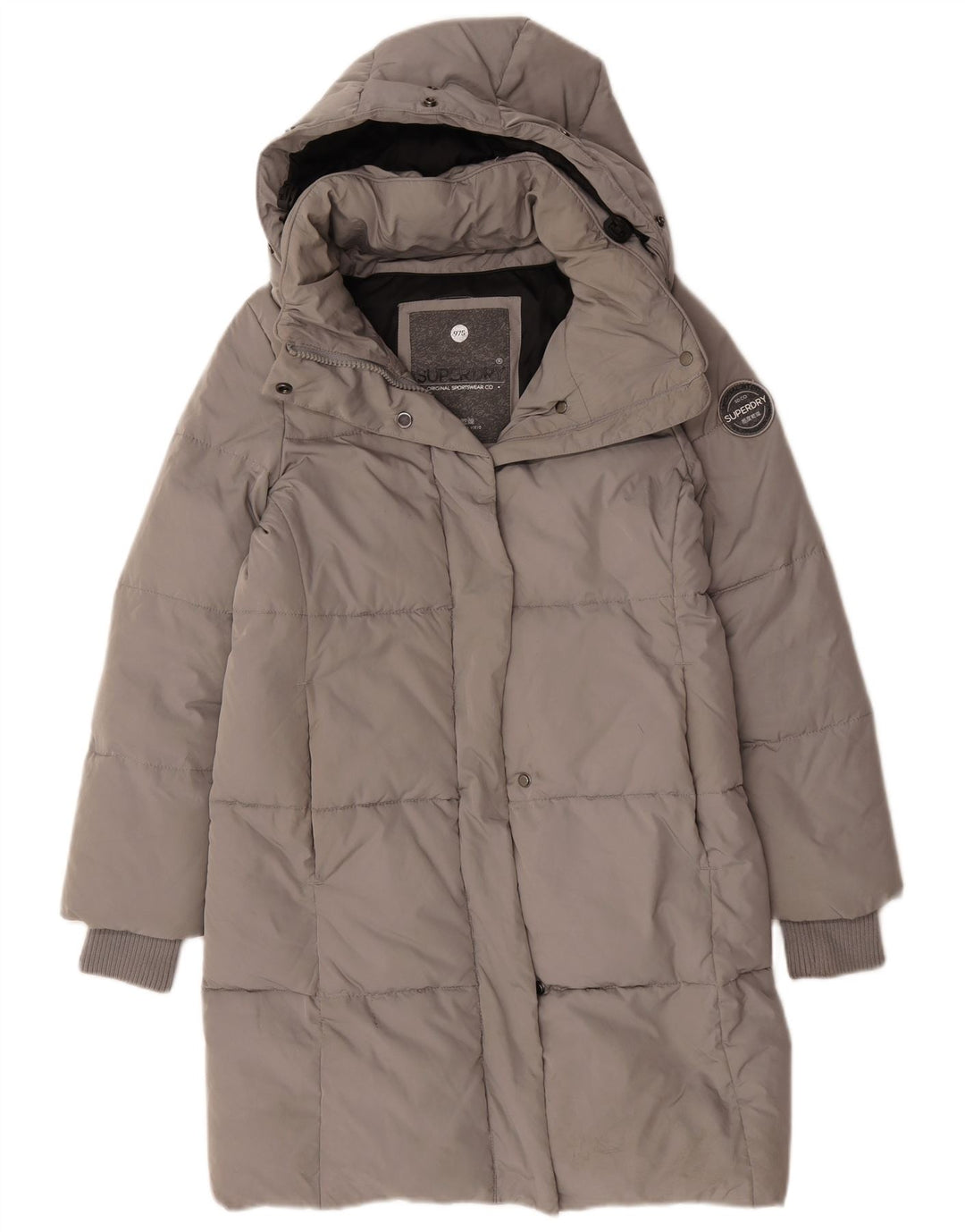 Superdry Abrigo acolchado con capucha y gráfico extragrande para mujer, talla 40, color gris pequeño