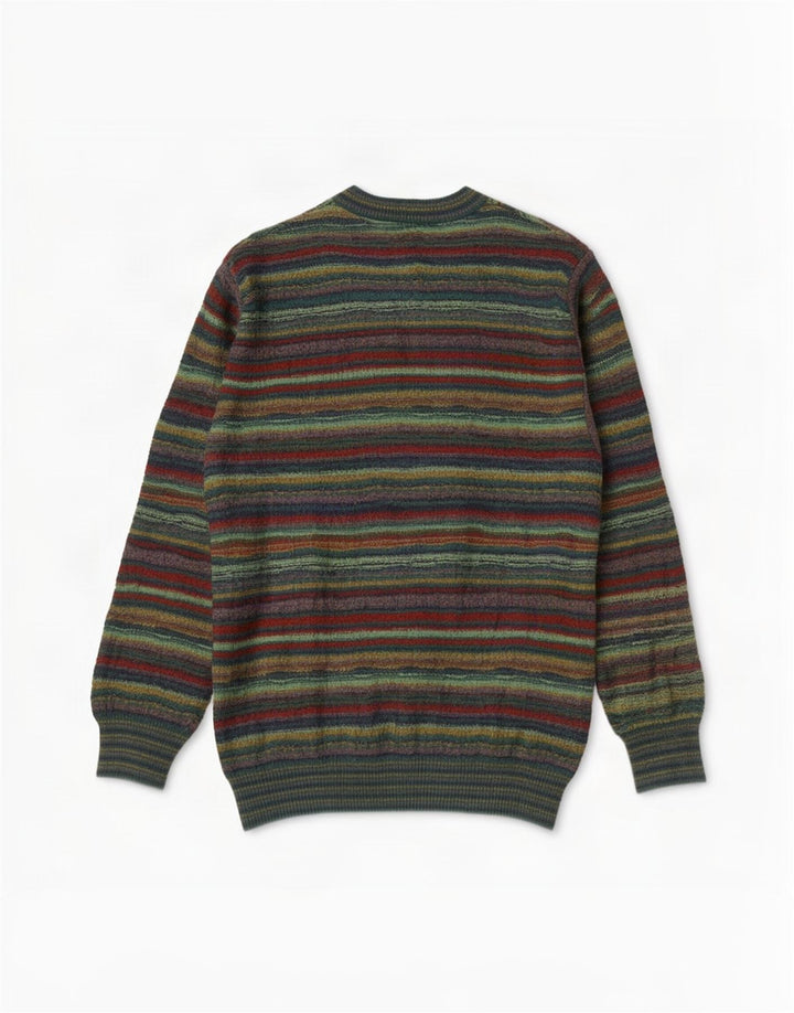 Vintage hombres V-cuello jumper suéter grande verde rayas lana
