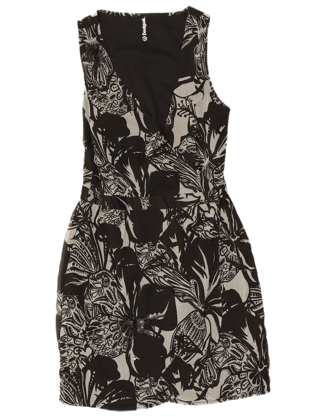 DESIGUAL Vestido cruzado sin mangas para mujer EU 38 Poliéster floral negro mediano