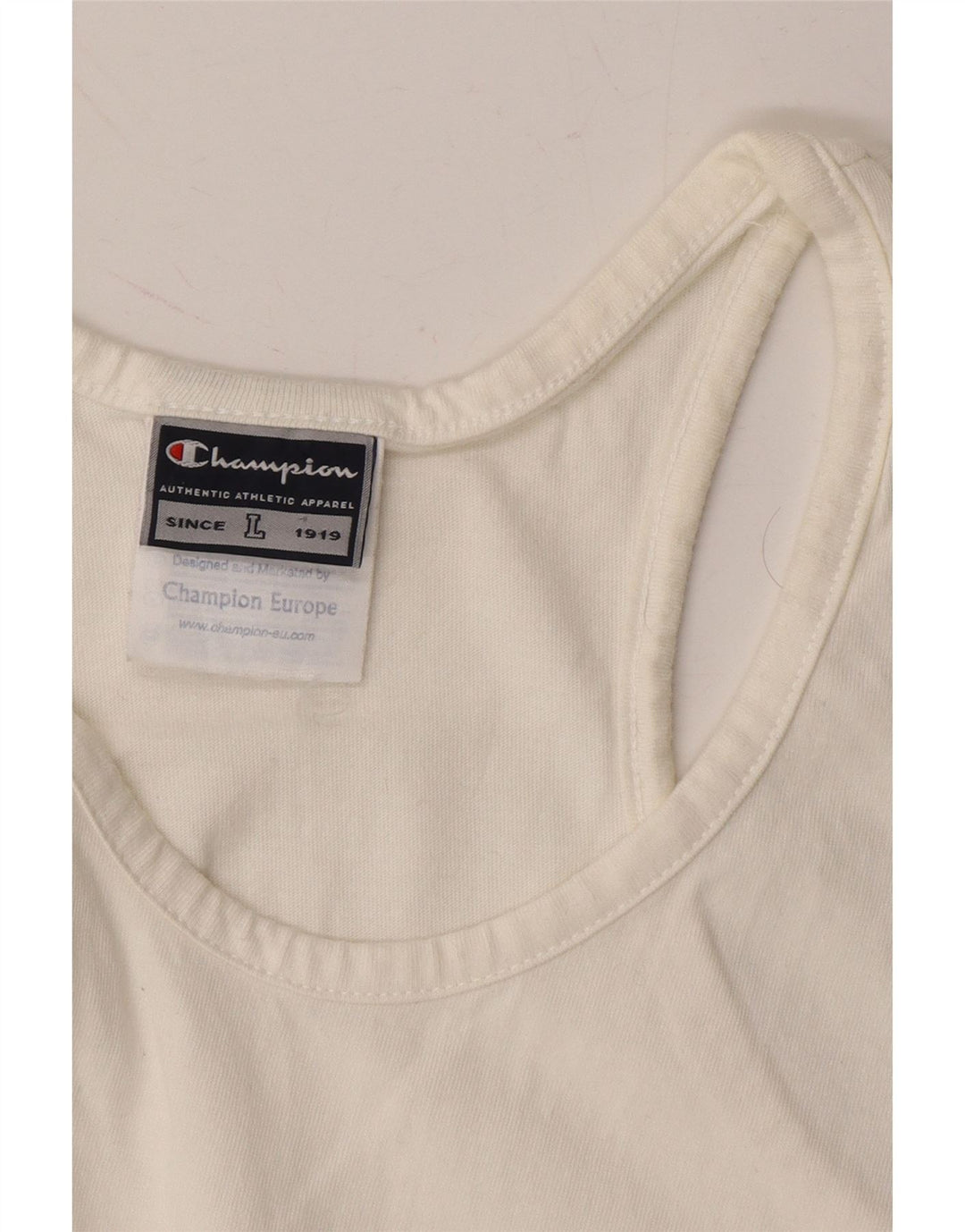 CHAMPION Womens Graphic Vest Top UK 14 Large White Cotton Vintage Champion and Second-Hand Champion from Messina Hembry 