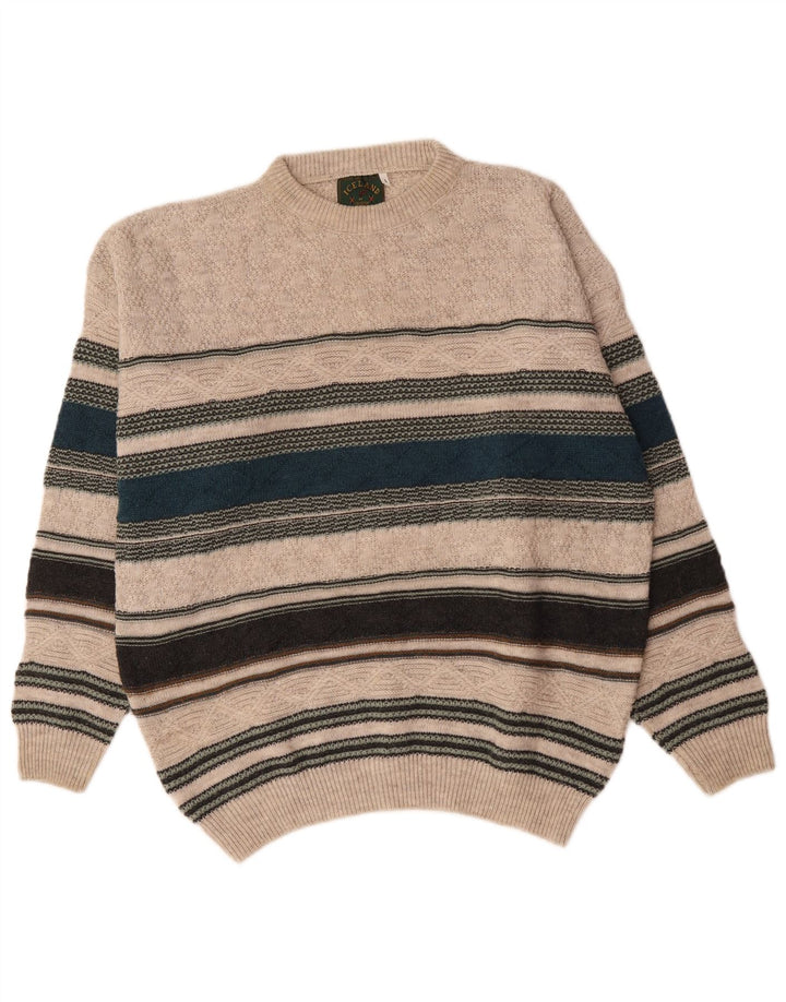 Jersey de cuello redondo para hombre de Islandia, suéter grande de lana a rayas beige