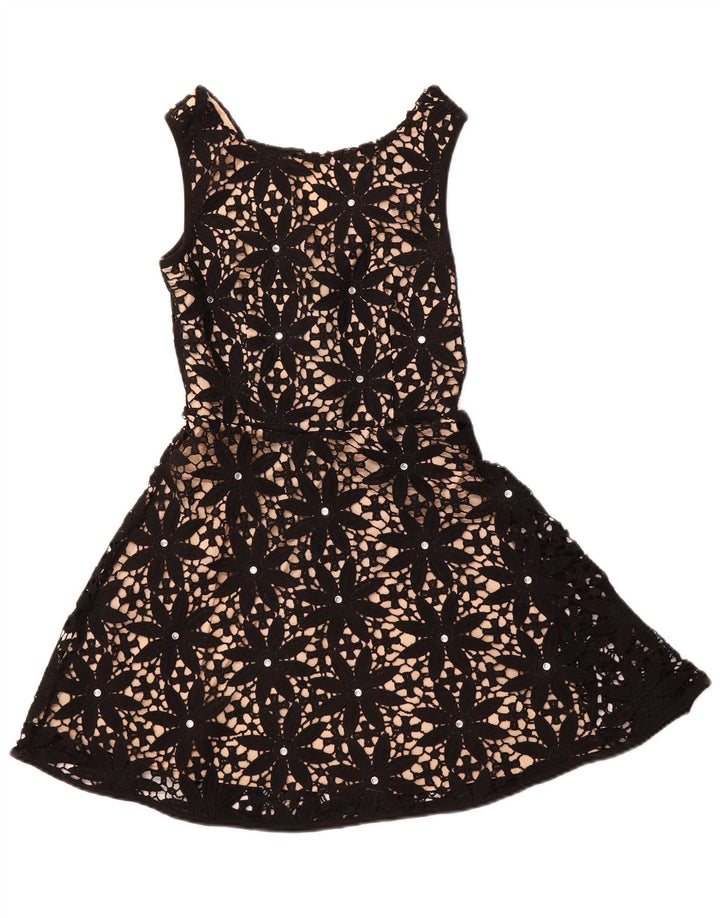 QUIZ Vestido acampanado sin mangas de crochet para mujer UK 6 XS Negro Floral