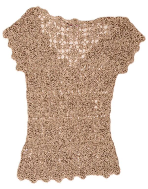 Vintage mujer crochet blusa Top Reino Unido 12 Medio Beige Floral Viscosa