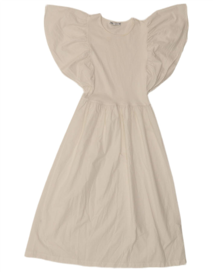 Zara Mujer Vestido Acampanado Batwing UK 8 Pequeño Poliéster Blanco Roto