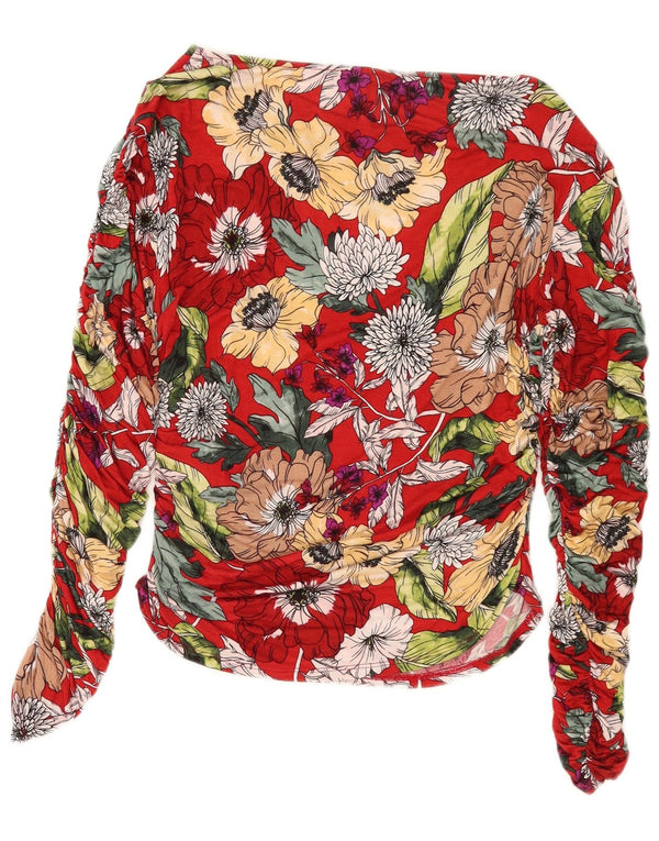 Guess Blusa extragrande de manga larga para mujer UK 8 Small Red Floral Rayon