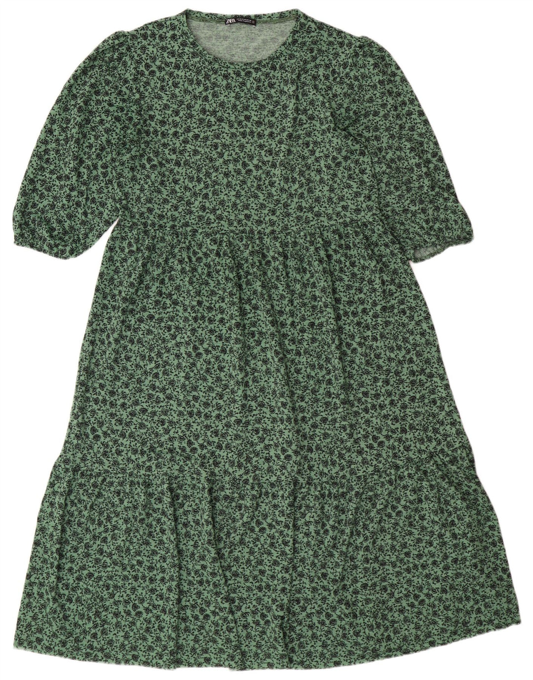 ZARA Mujer Vestido Acampanado ES 44 Poliéster Floral Verde Medio