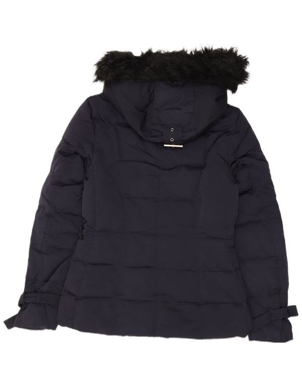 ZARA Mujer Chaqueta Acolchada Con Capucha UK 10 Small Azul Marino Nylon