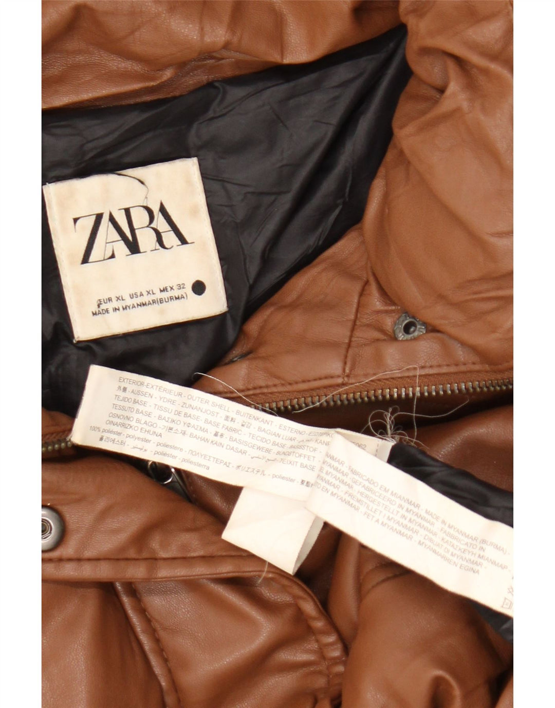 Zara Mujer Chaqueta Acolchada Extragrande De Piel Sintética UK 40 XL Poliéster Marrón