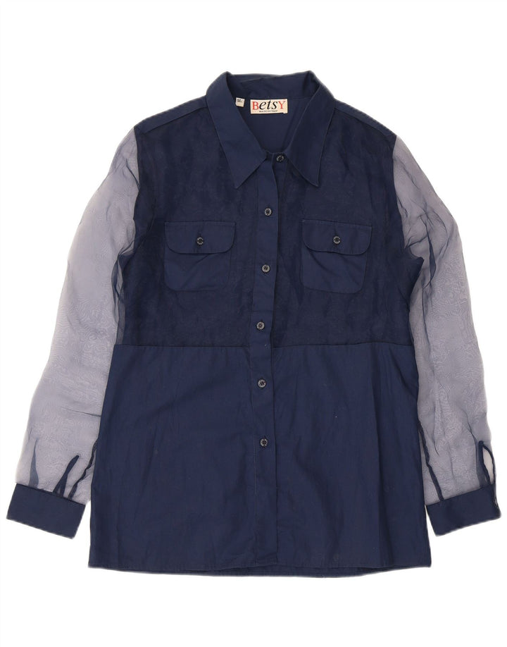 VINTAGE Camisa de Mujer Reino Unido 14 Medio Azul Marino Colorblock Poliéster