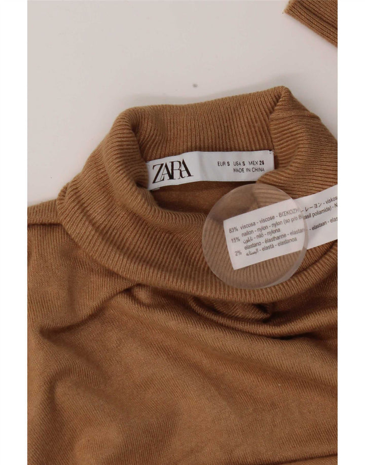 Zara Mujer Roll Neck Jumper Sweater UK 10 Small Marrón Viscosa