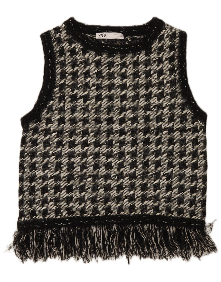 Zara Mujer Chaleco Camiseta Sin Mangas UK 12 Mediano Negro Pata De Gallo Poliéster