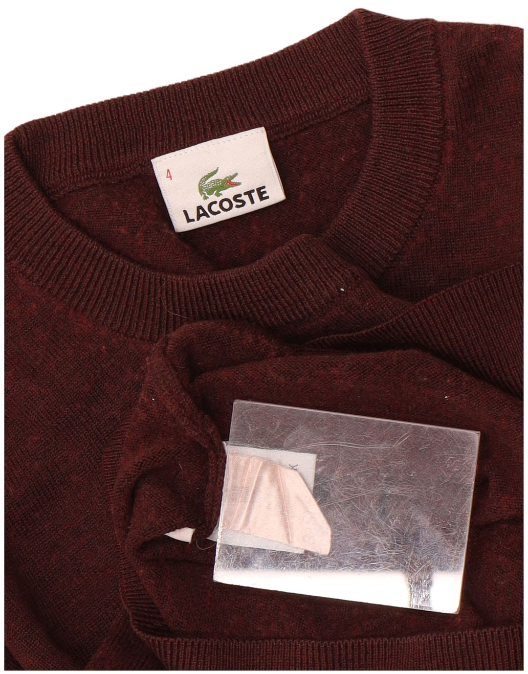 LACOSTE Jersey de cuello redondo para hombre talla 4 lana moteada granate mediana