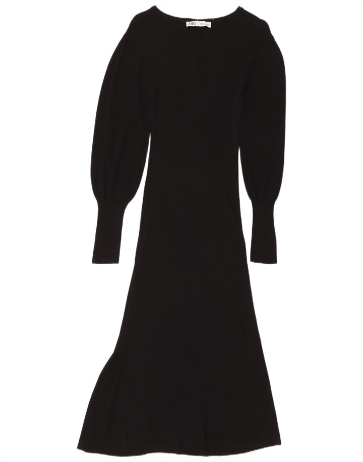 ZARA Vestido largo de manga larga para mujer UK 42 Medium Viscosa negra