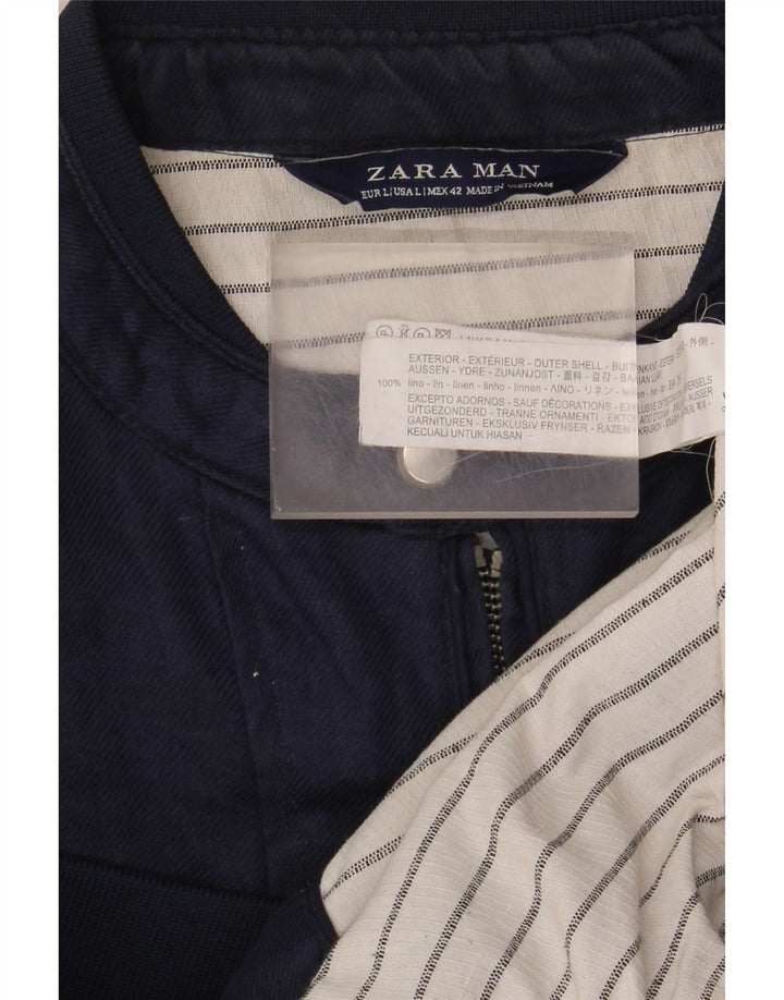 Zara Mens Bomber Jacket UK 40 Large Lino Azul Marino
