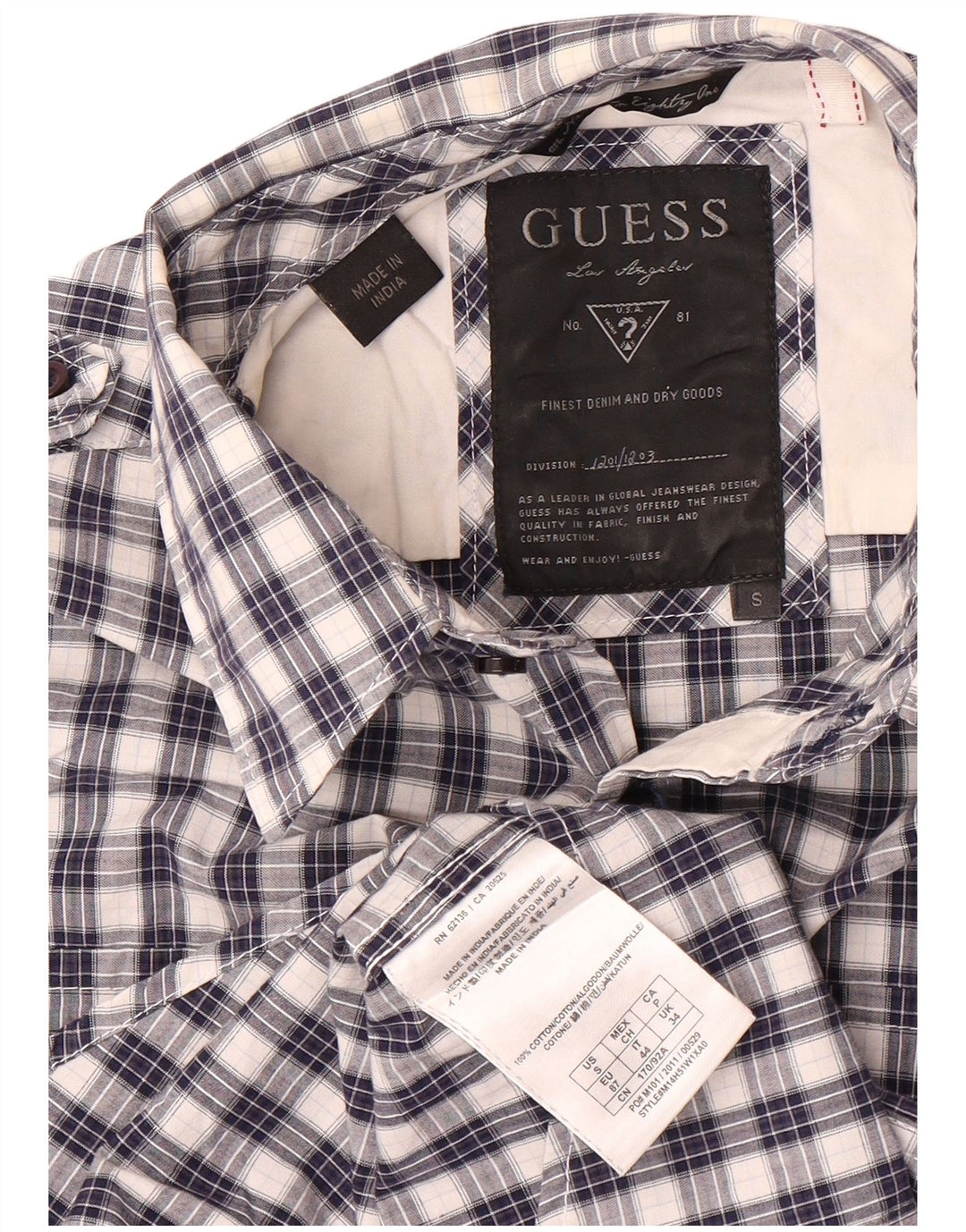 Camisa Guess Hombre Small Azul Cuadros Algodón