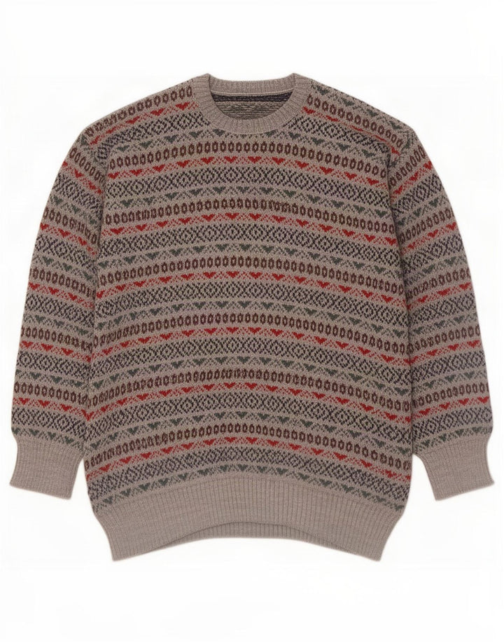Vintage hombres cuello redondo jersey suéter pequeño gris Fair Isle