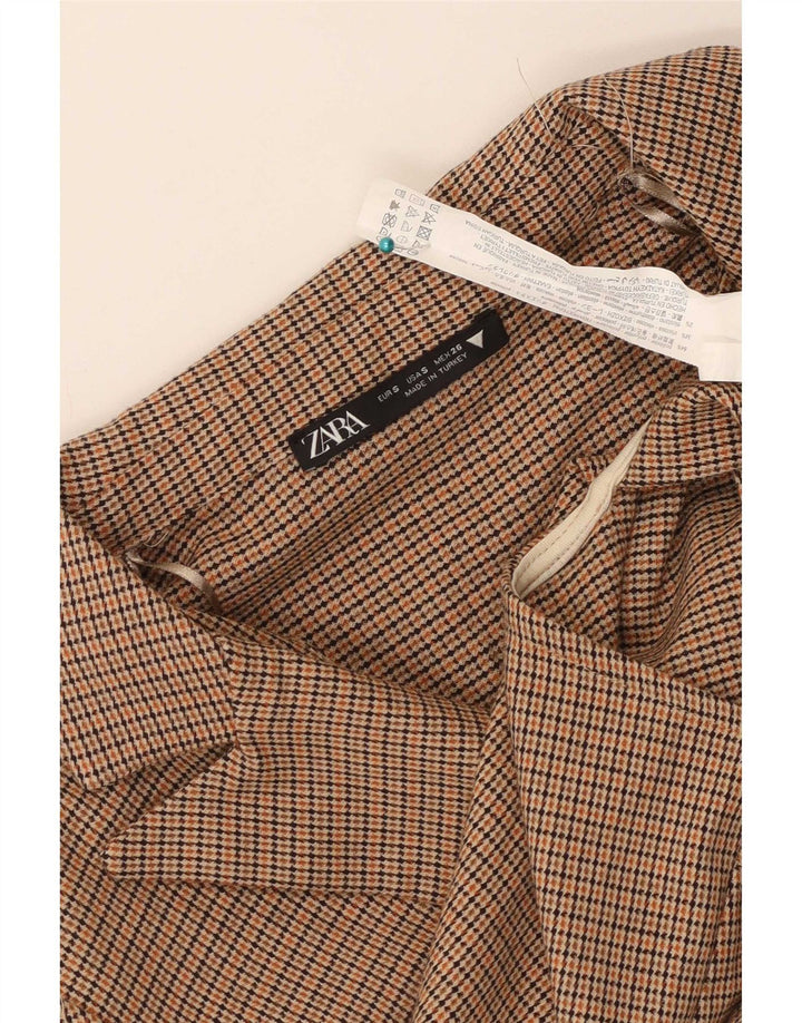 Zara Mujer Crop Blazer Chaqueta UK 10 Small Marrón Cuadros Poliéster
