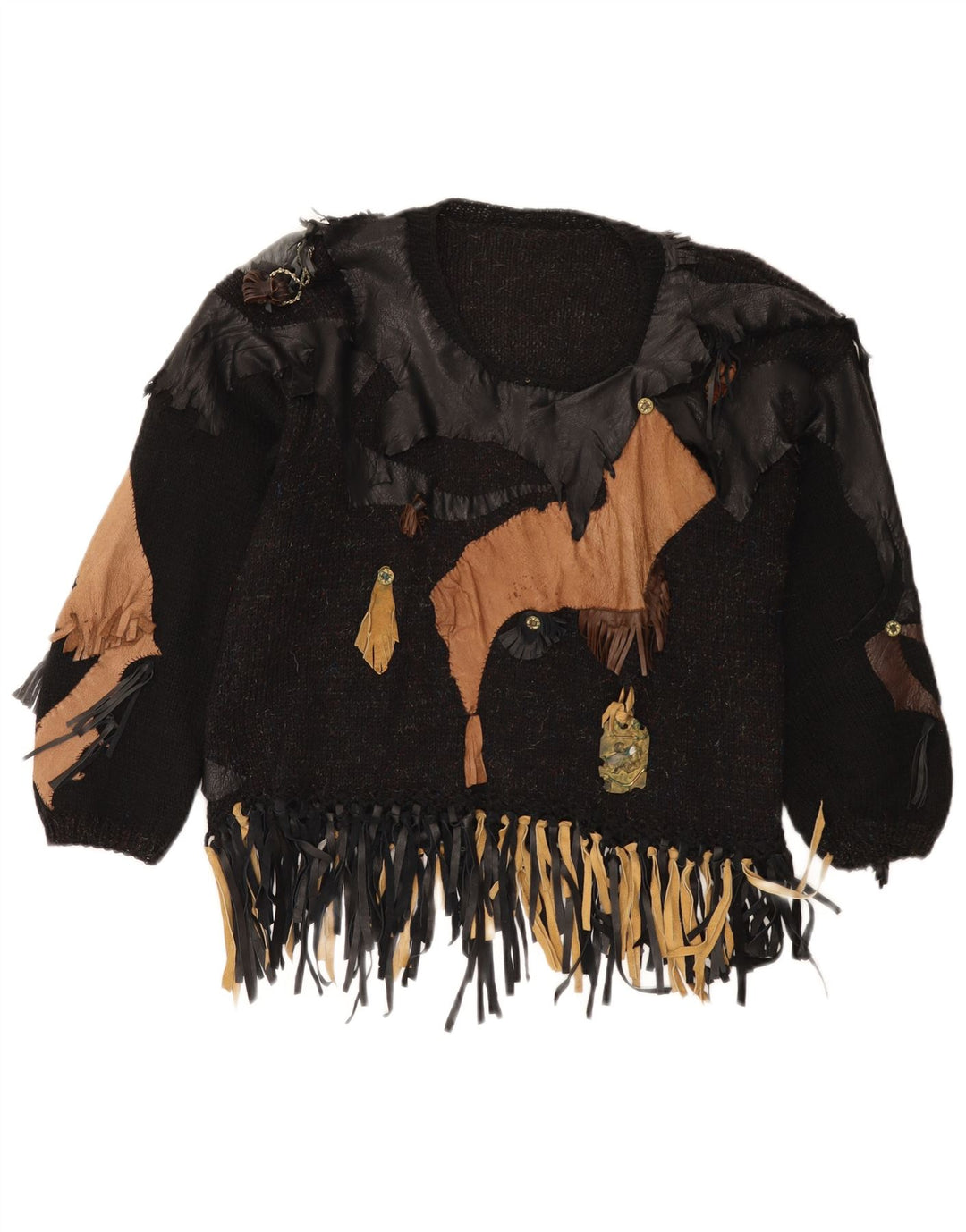 Vintage mujer barco cuello jersey suéter Reino Unido 14 medio negro patchwork