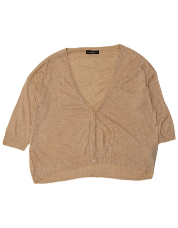 Zara Mujer Cárdigan De Manga 3/4 Suéter UK 46 Grande Acrílico Beige