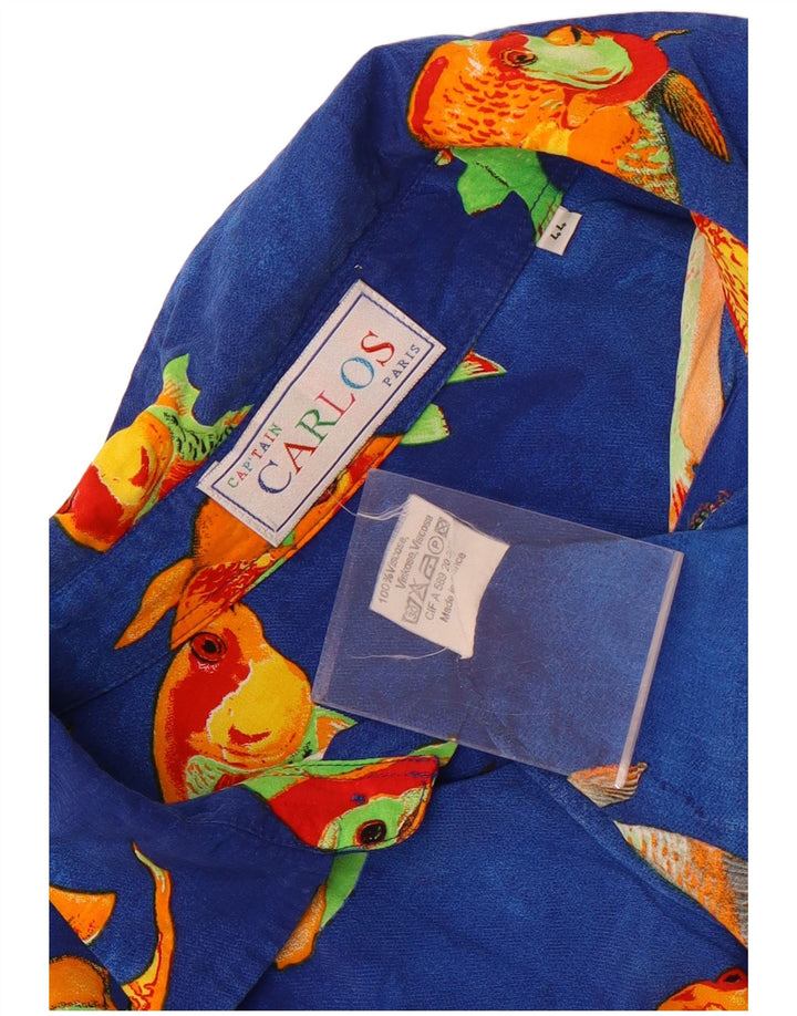 Camisa Vintage Hombre Patrón Abstracto Talla 44 XL Viscosa Azul