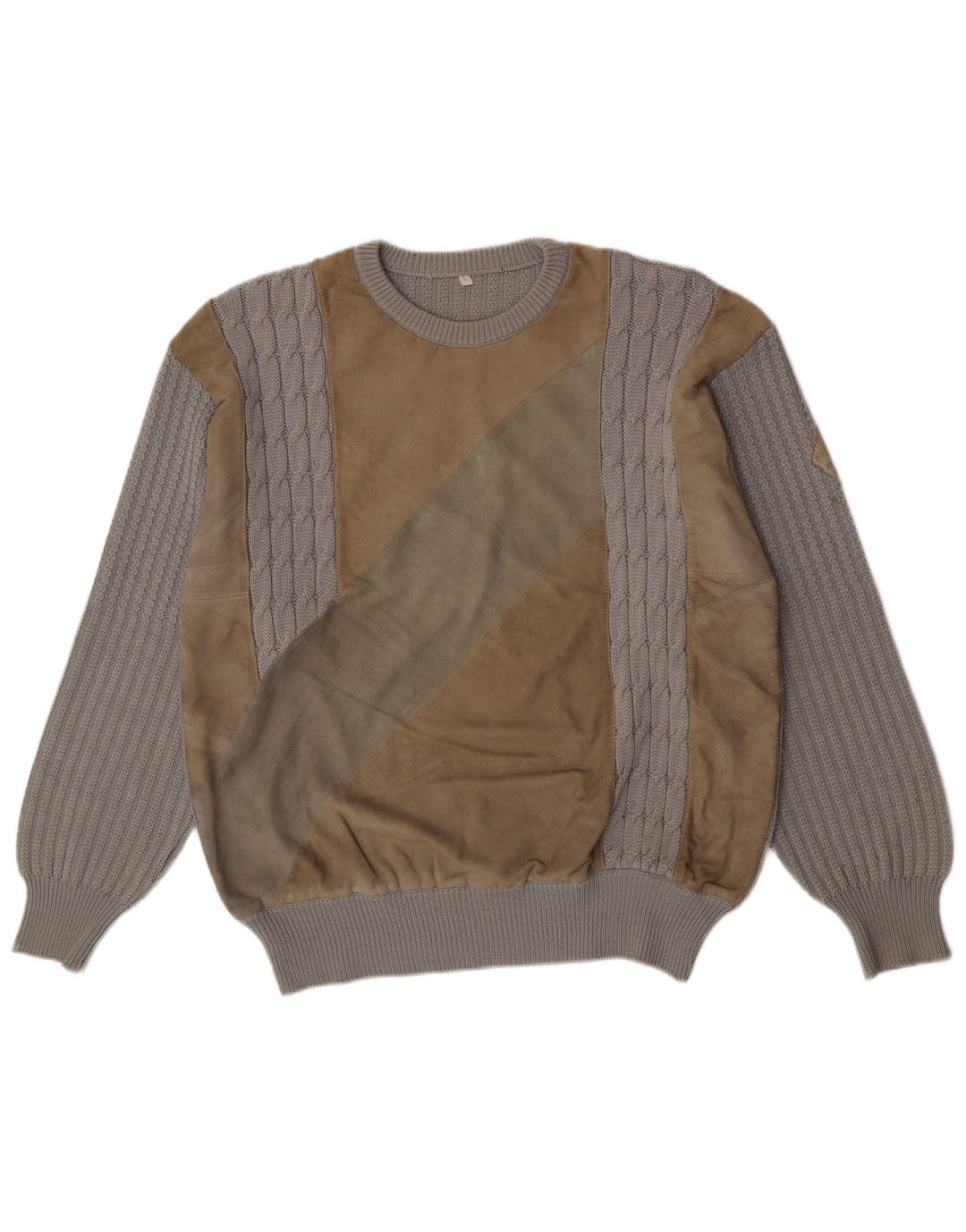 Vintage hombres cuello redondo jersey suéter grande gris colorblock lana