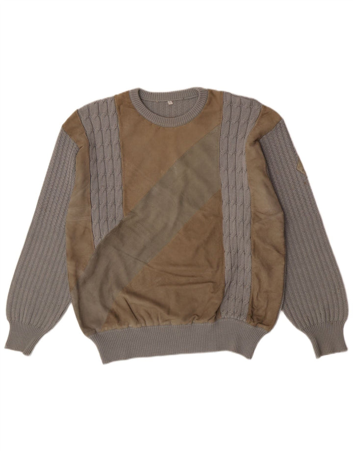 Vintage hombres cuello redondo jersey suéter grande gris colorblock lana