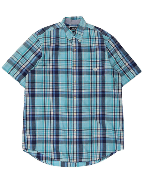 Chaps Camisa de manga corta para hombre de fácil cuidado, algodón a cuadros azul grande