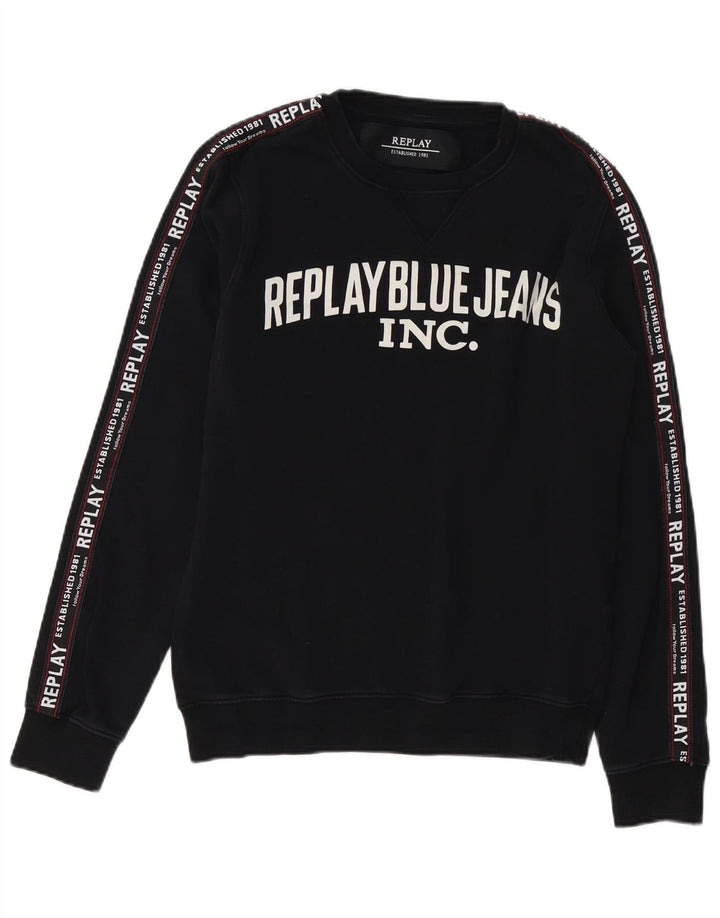 REPLAY Hombre Sudadera Estampada Jumper Medium Negro Algodón