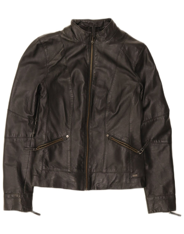 S.Oliver Chaqueta motera de cuero para mujer UK 10 Small Piel de cordero negra
