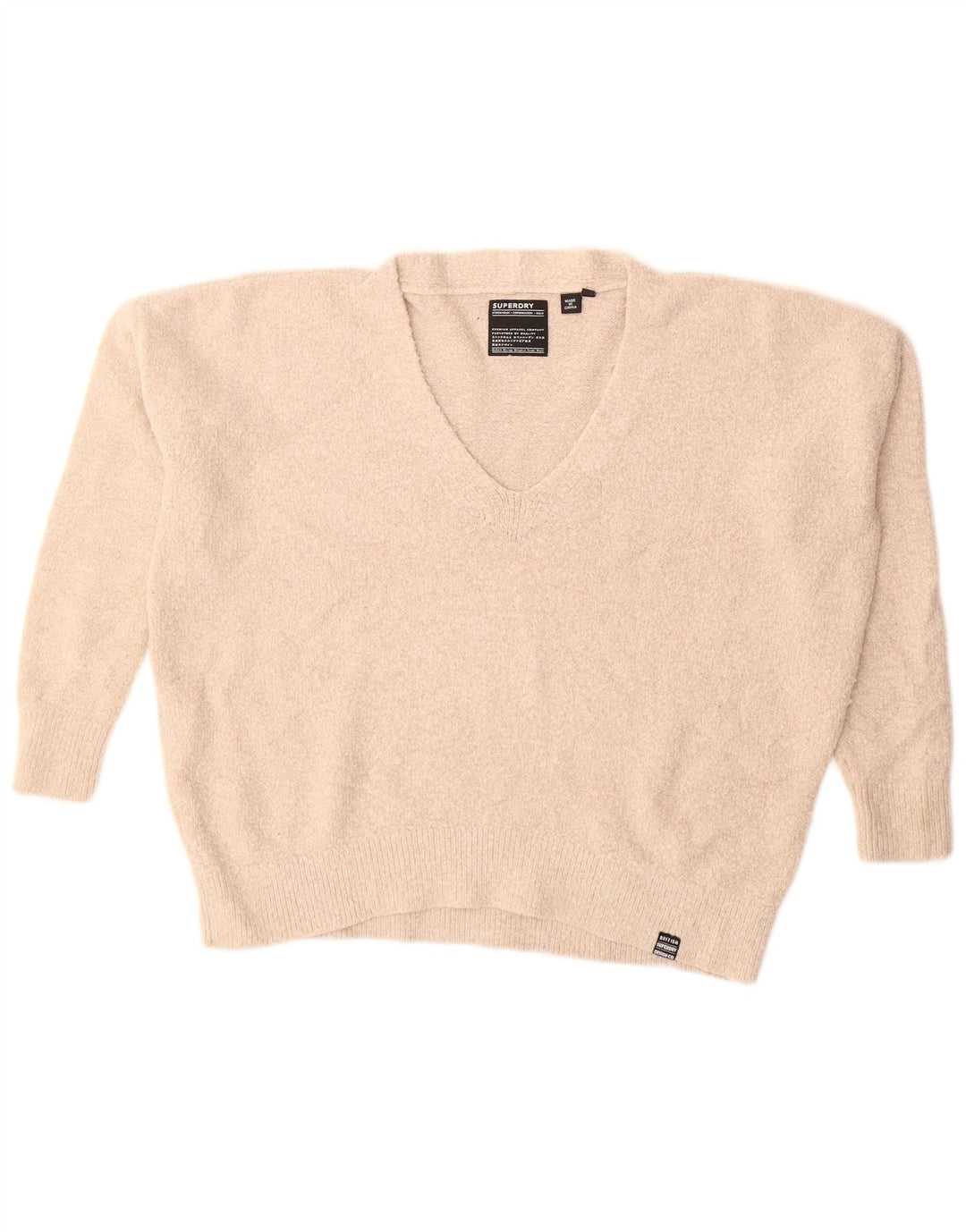 SUPERDRY Suéter tipo jersey de gran tamaño con cuello en V para mujer UK 10 Small Beige Acrílico