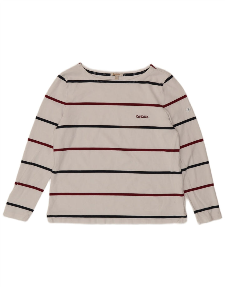 BARBOUR Top de mujer de manga larga UK 46 Algodón a rayas blancas grandes