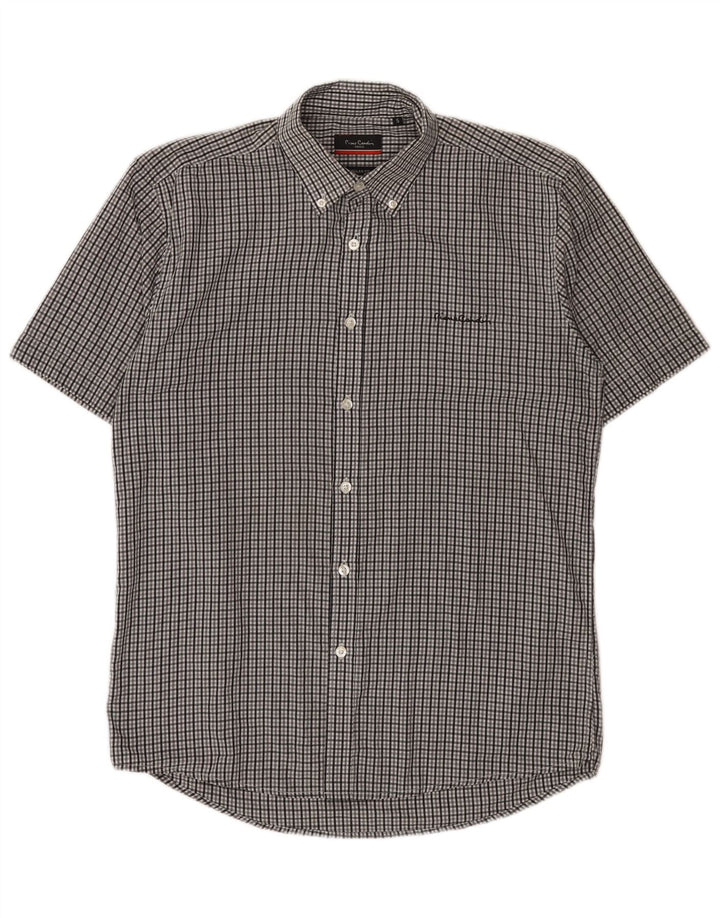Pierre Cardin Camisa de manga corta para hombre con ajuste regular y cuadros grises pequeños