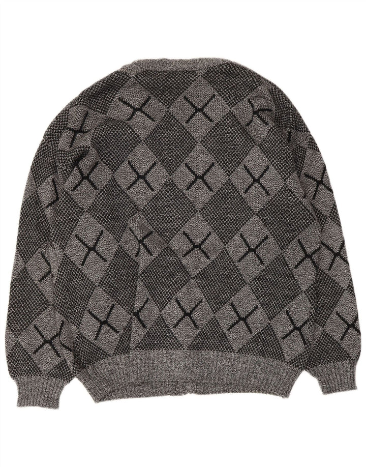 Vintage hombres Cardigan suéter grande gris Argyle/Diamond acrílico