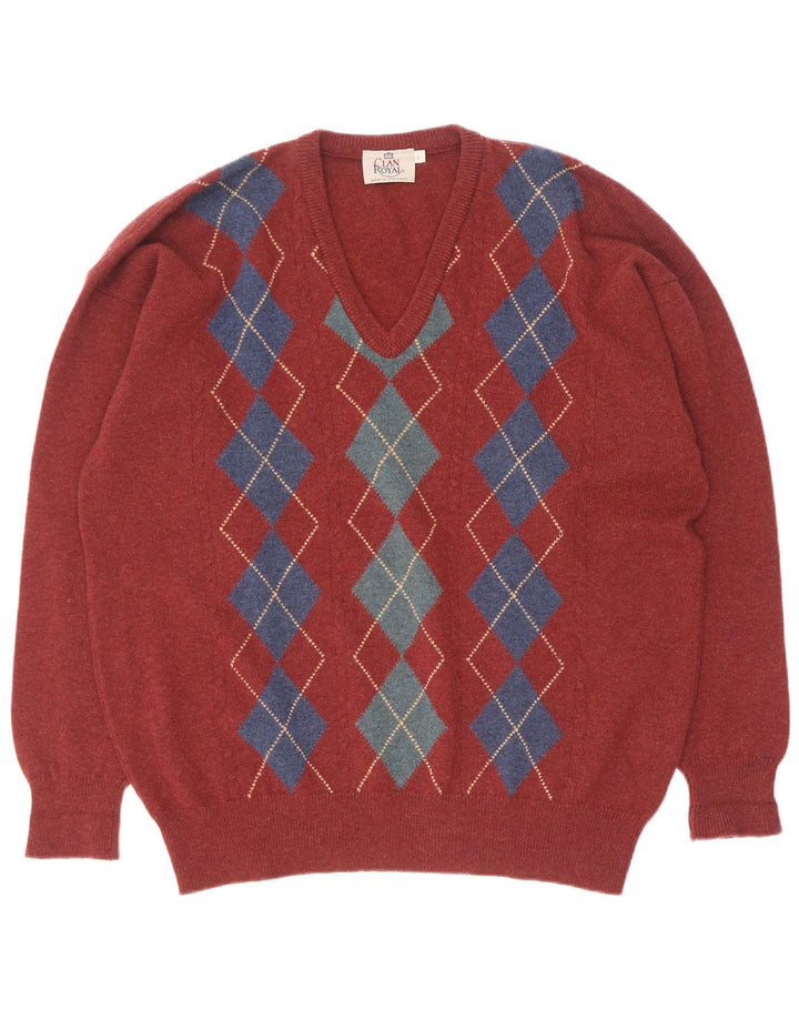 Clan Royal Suéter con cuello en V para hombre, talla grande, lana de cordero roja Argyle/Diamond