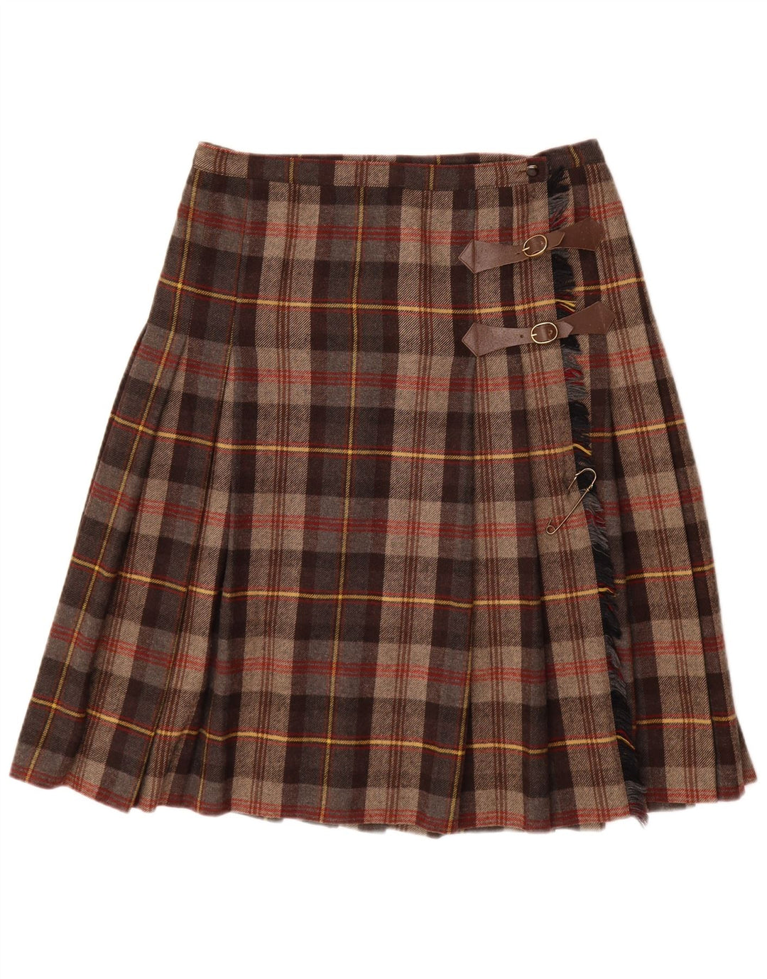 Falda cruzada plisada vintage para mujer W32 cheque marrón grande