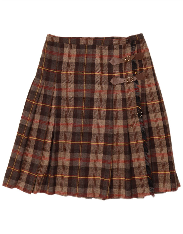 Falda cruzada plisada vintage para mujer W32 cheque marrón grande