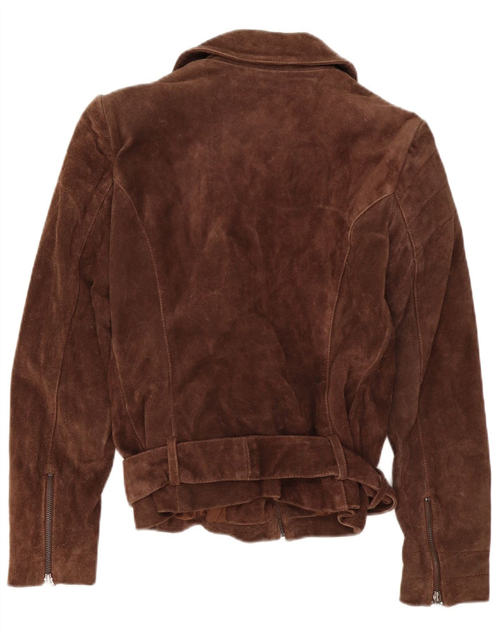 Zara - Chaqueta motera de ante para mujer, talla 40, talla grande, piel marrón