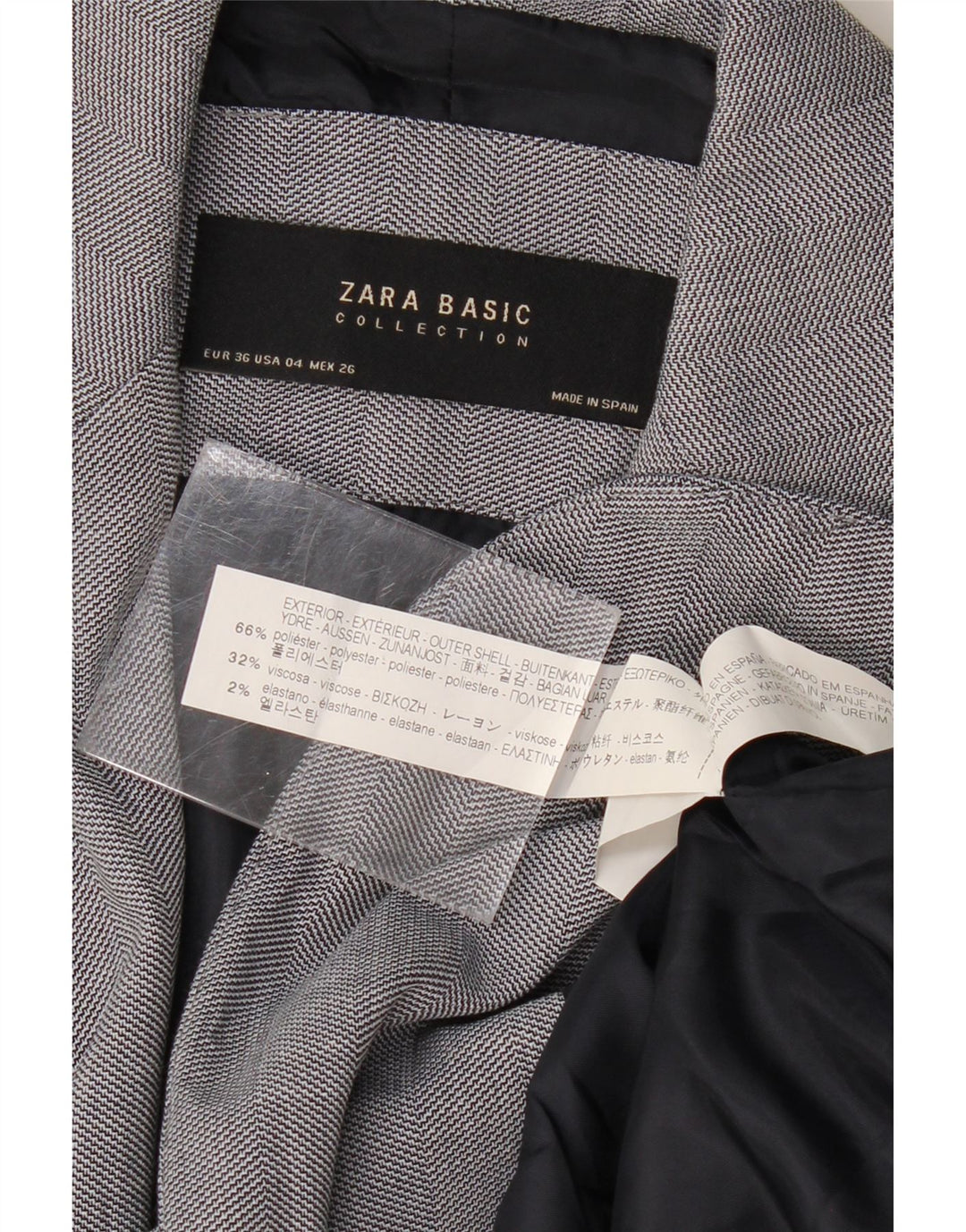 ZARA Chaqueta Blazer De 1 Botón Mujer EU 36 XS Gris Chevron Poliéster