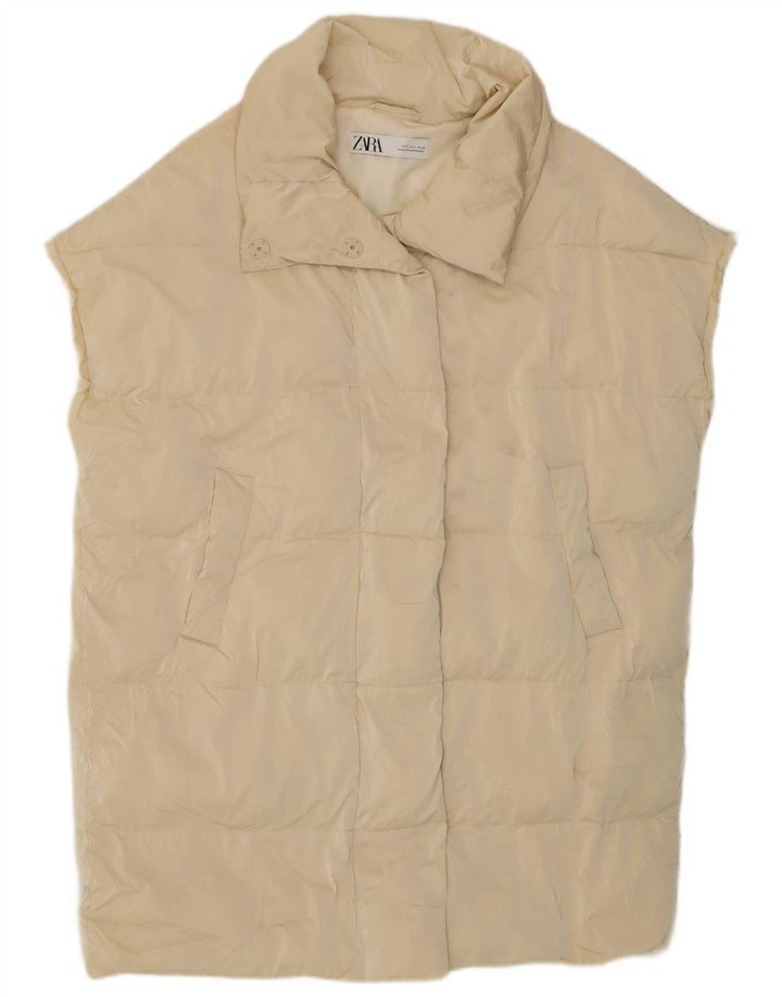 Zara Mujer Chaleco Acolchado Largo Extragrande UK 10 Small Poliéster Beige