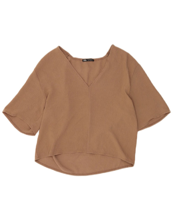 Zara Mujer Blusa Manga 1/2 Top UK 10 Small Marrón