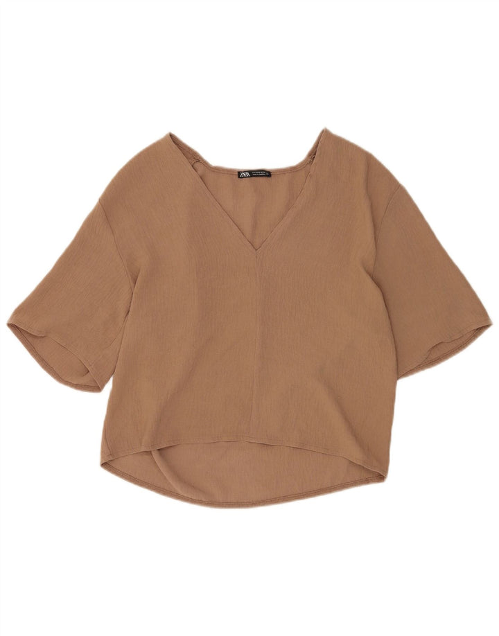 Zara Mujer Blusa Manga 1/2 Top UK 10 Small Marrón