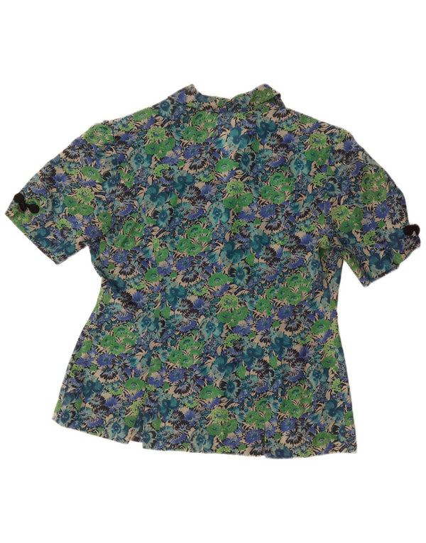Vintage mujer camisa de manga corta blusa Reino Unido 14 acetato floral verde grande