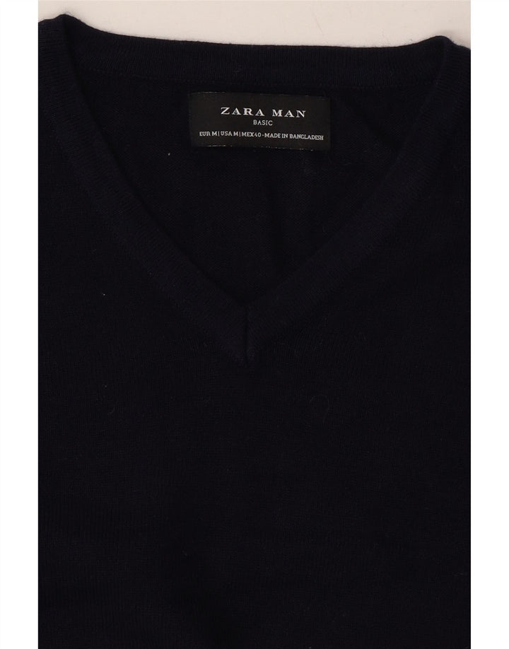 ZARA Mens V-Neck Jumper Sweater Medium Navy Blue Viscose Vintage Zara and Second-Hand Zara from Messina Hembry 