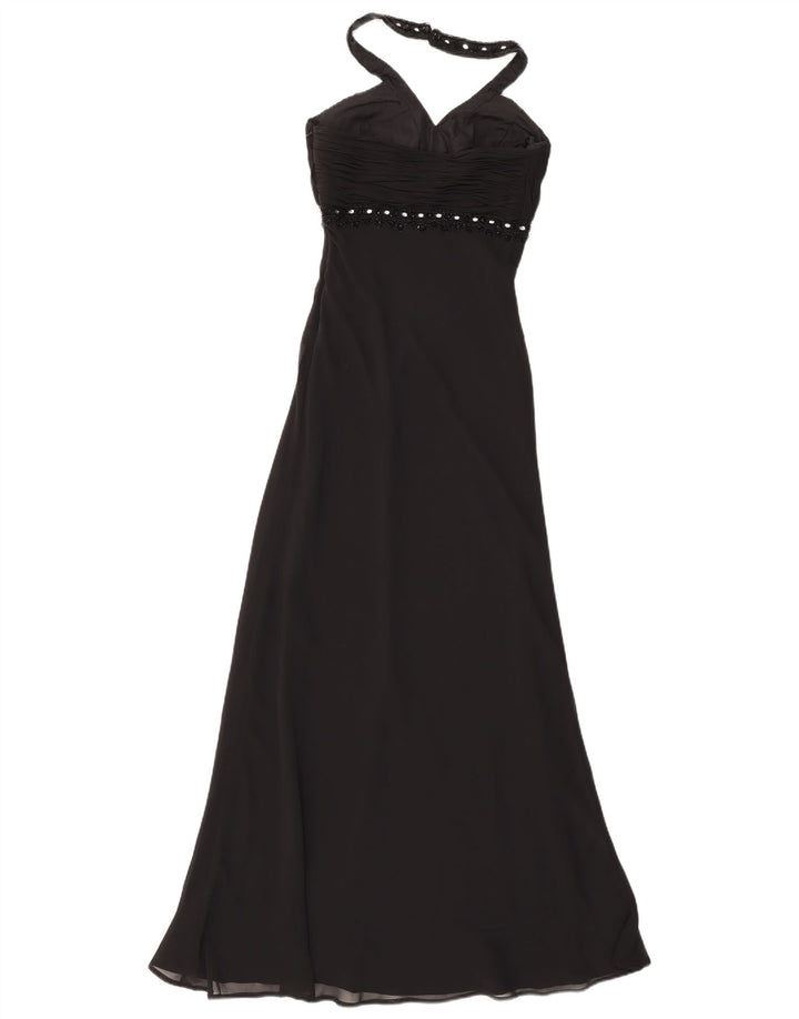 Vintage mujer Maxi Halter vestido Reino Unido 8 pequeño poliéster negro