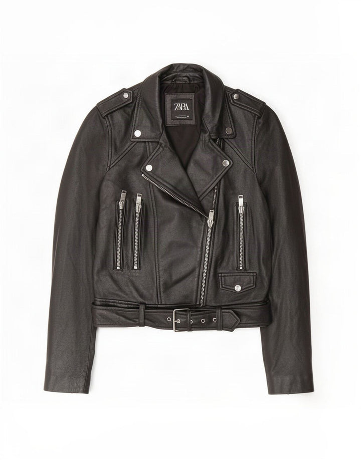 Zara Chaqueta Motera De Cuero Para Mujer UK 42 Mediana Negro